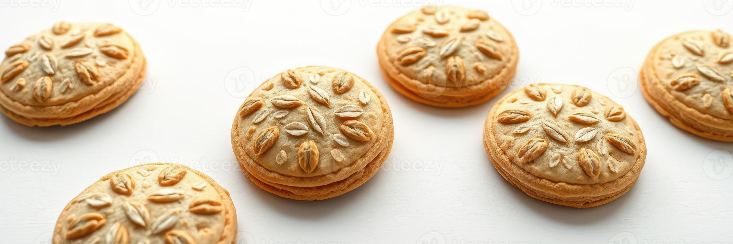 Deliciously baked cookies arranged on a white surface with intricate designs and textures photo