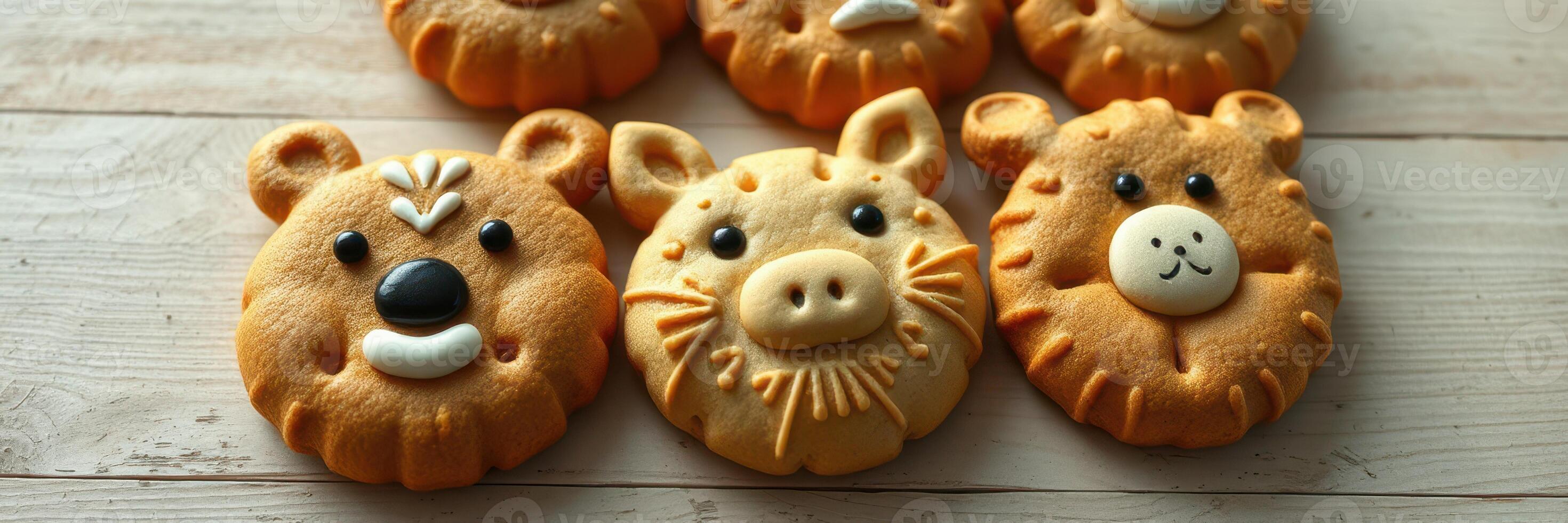 Cute animal-shaped cookies displayed on a rustic wooden table for a fun baking activity photo