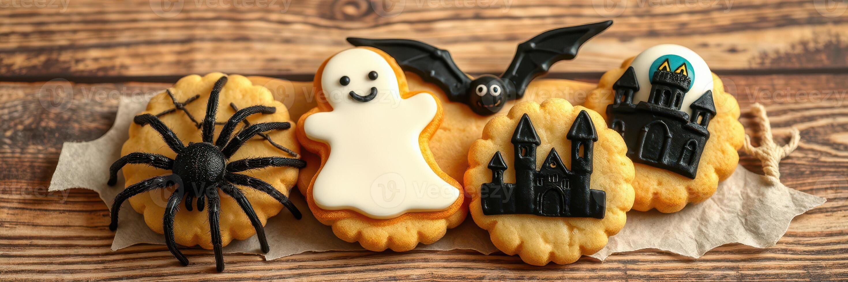 Colorful Halloween cookies shaped like ghosts, bats, spiders, and castles on a wooden table photo