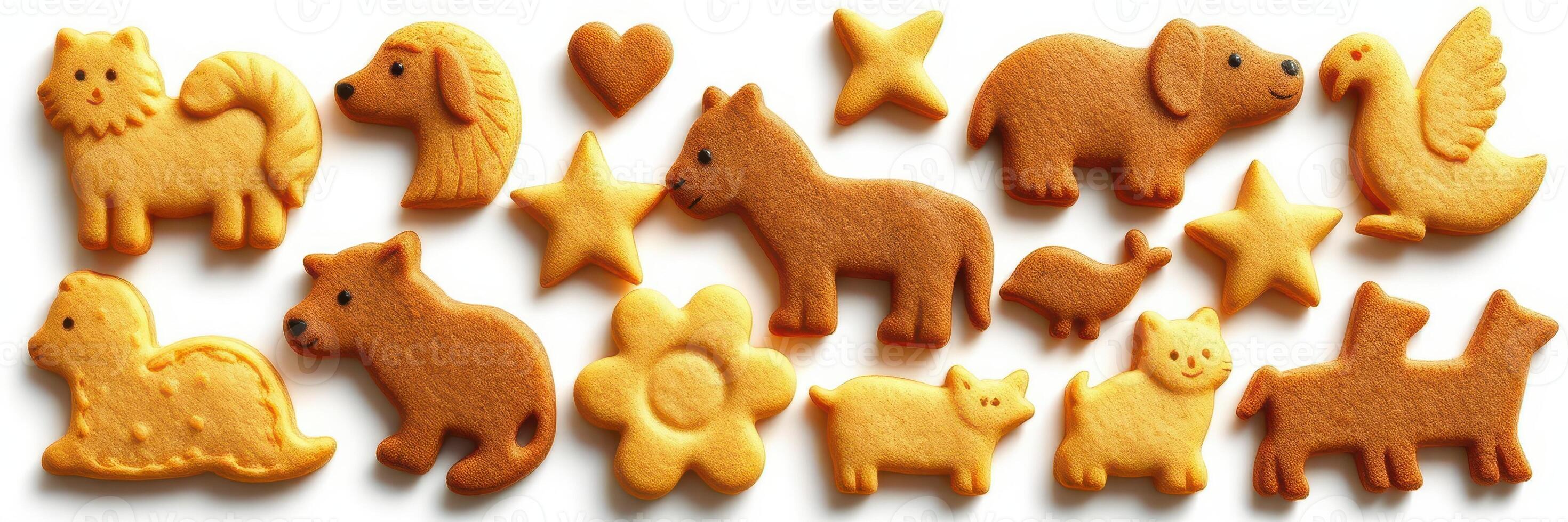 Unique animal and shape cookies arranged colorfully for a fun snack or festive occasion in a home kitchen photo