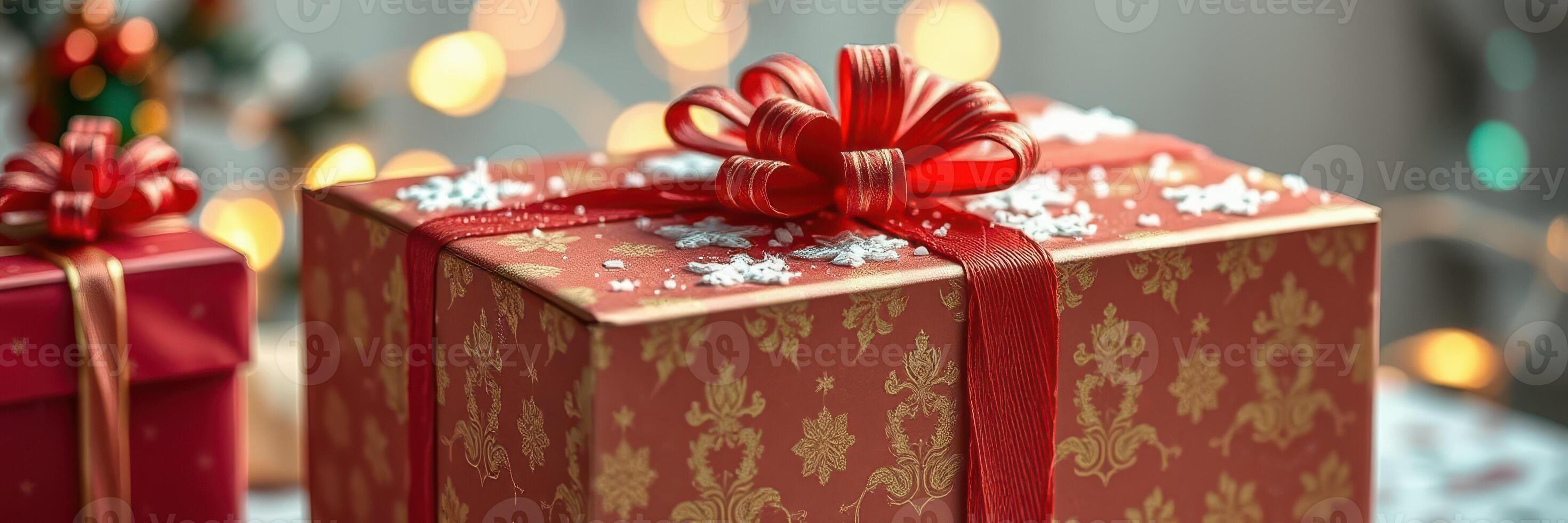 Beautifully wrapped Christmas gifts with festive decorations and warm lights in the background create a joyful atmosphere photo