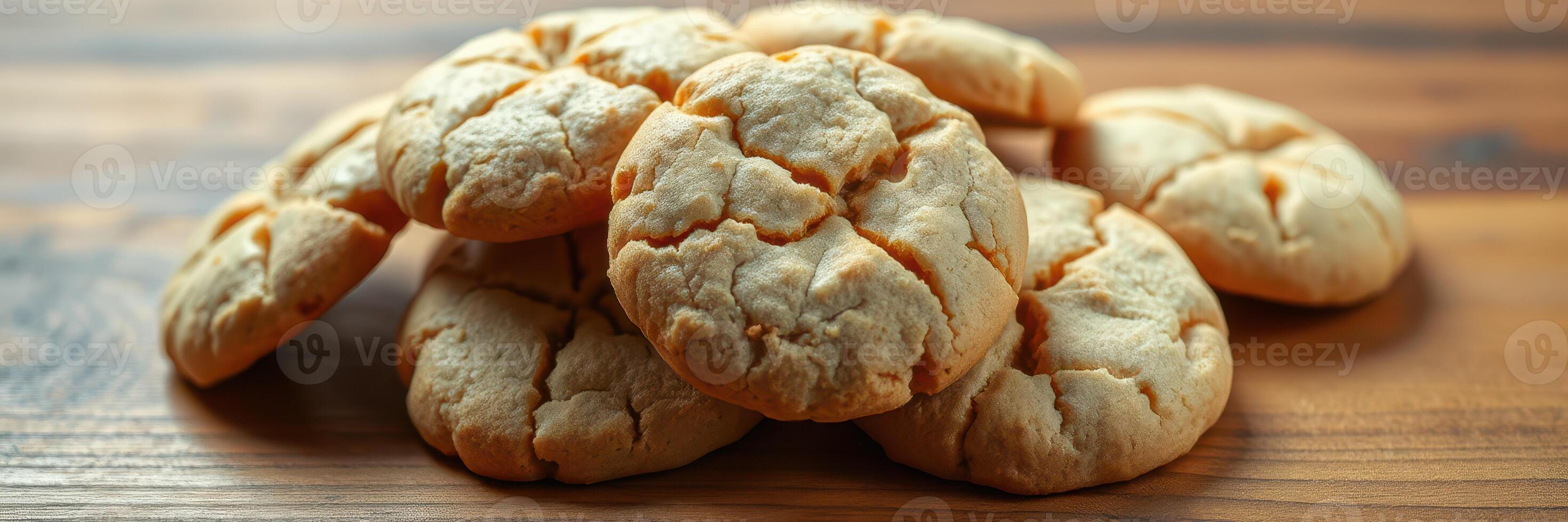 Delicious homemade cookies stacked on a wooden table ready for enjoying with friends or family during a cozy gathering photo