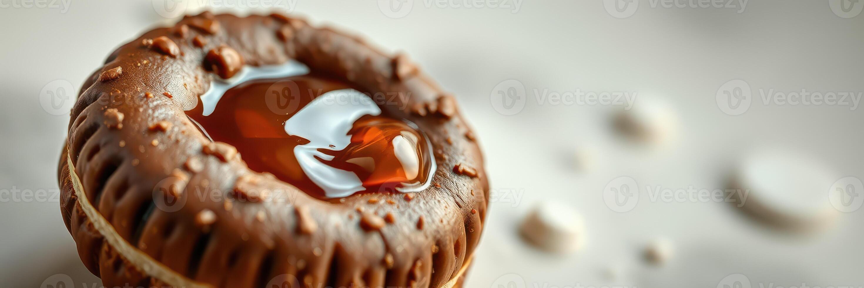 Delicious chocolate cookie filled with caramel sauce on a textured surface in a light setting photo
