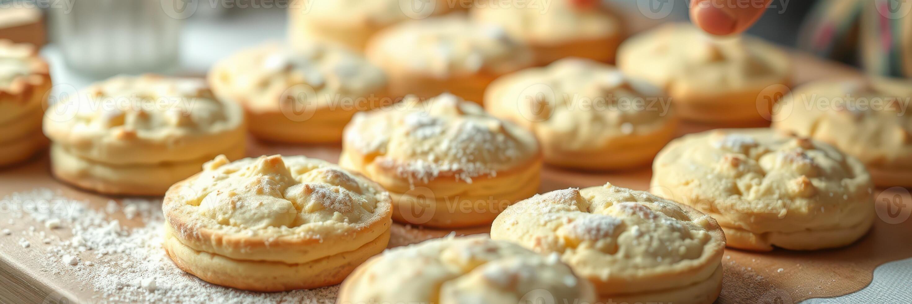 Baking delicious cookies with powdered sugar on a wooden board in a cozy kitchen photo