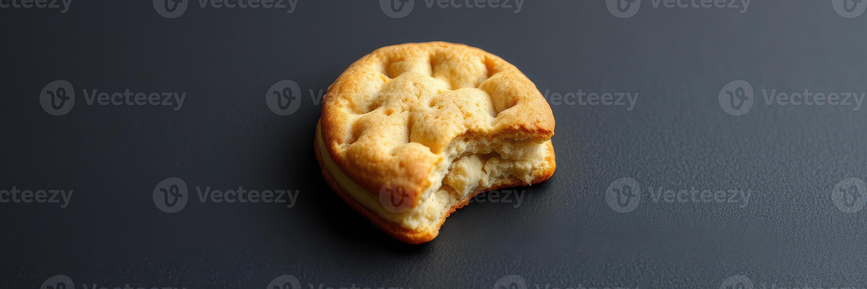 Bite taken out of a freshly baked cookie on a dark background photo