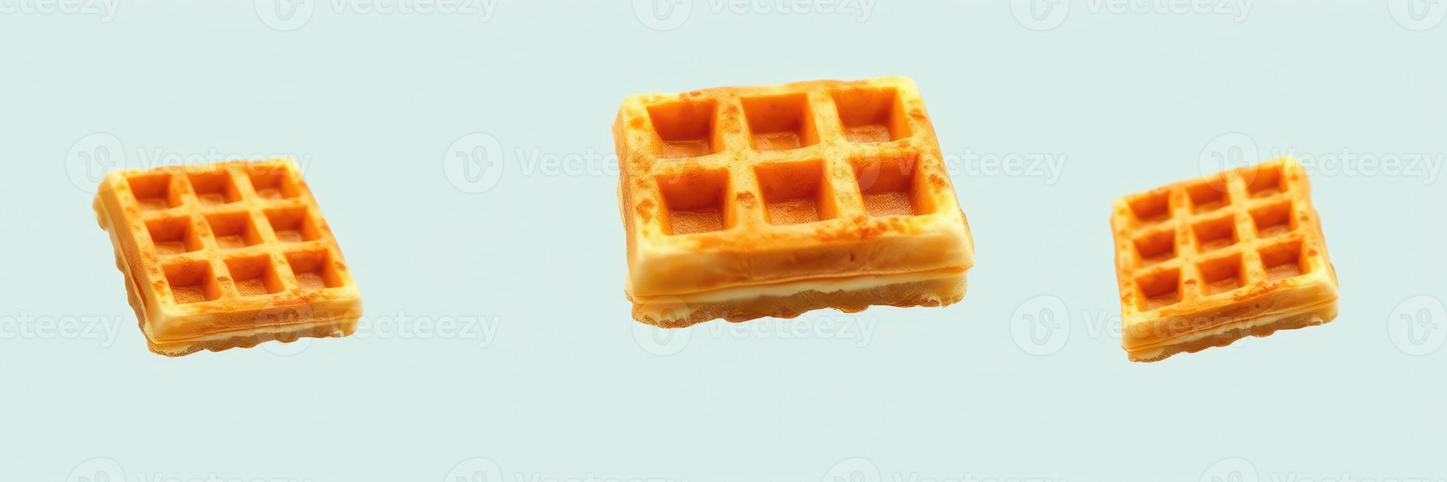 Waffles of various sizes arranged on light blue background showcasing texture and color contrasts photo