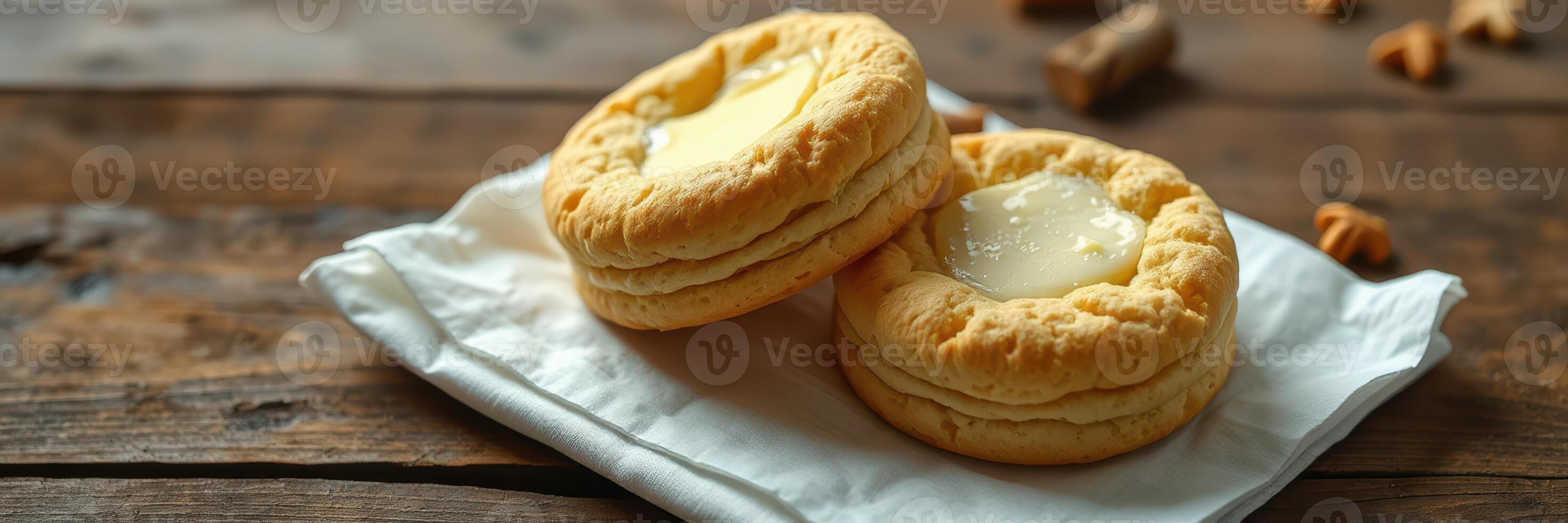 Delicious freshly baked cookies with melting butter on a rustic wooden table photo