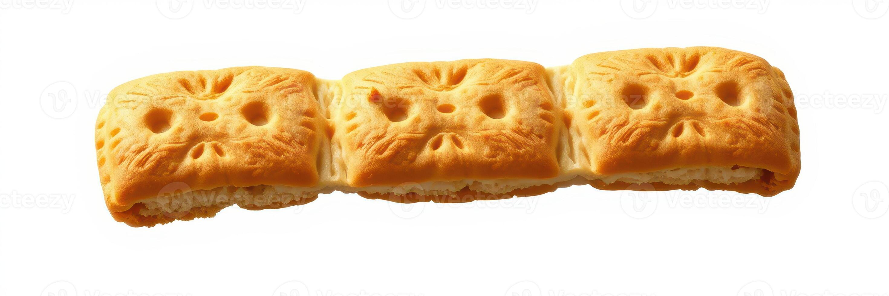 Enjoying three crispy biscuits with intricate designs and creamy filling on a white background photo