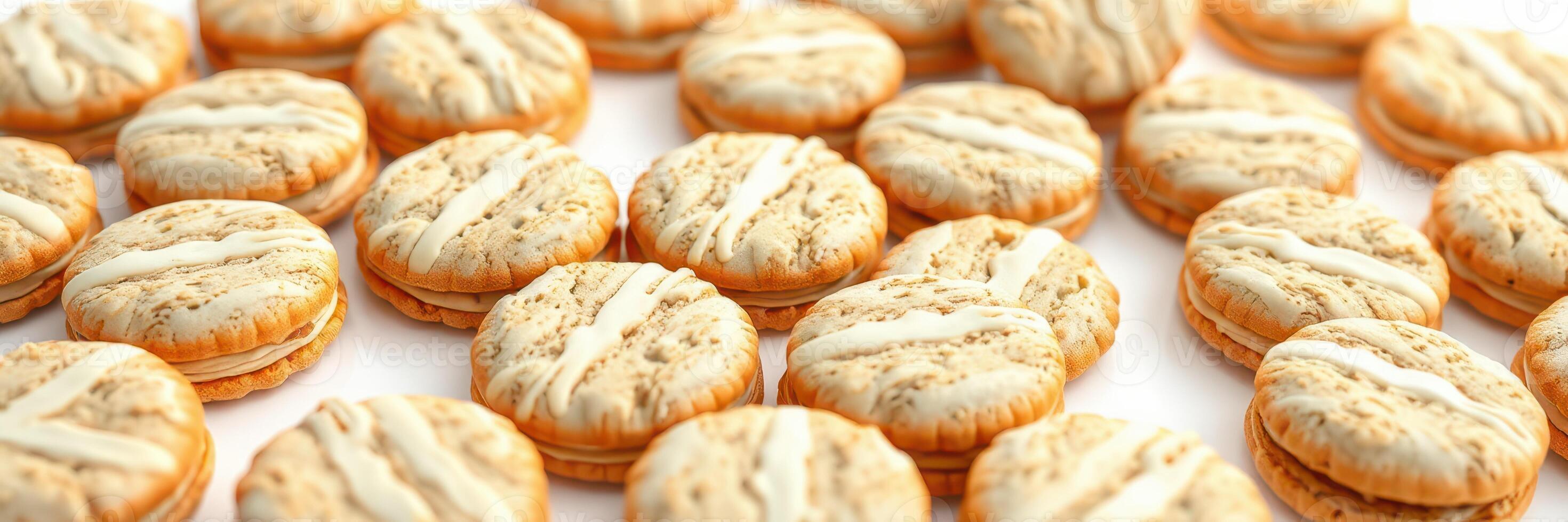 Cookies arranged neatly with a decorative icing pattern on a bright white surface photo