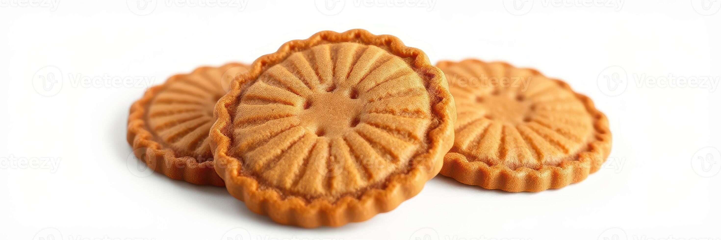 Delicious round cookies with a textured surface arranged in an appealing layout on a white background photo
