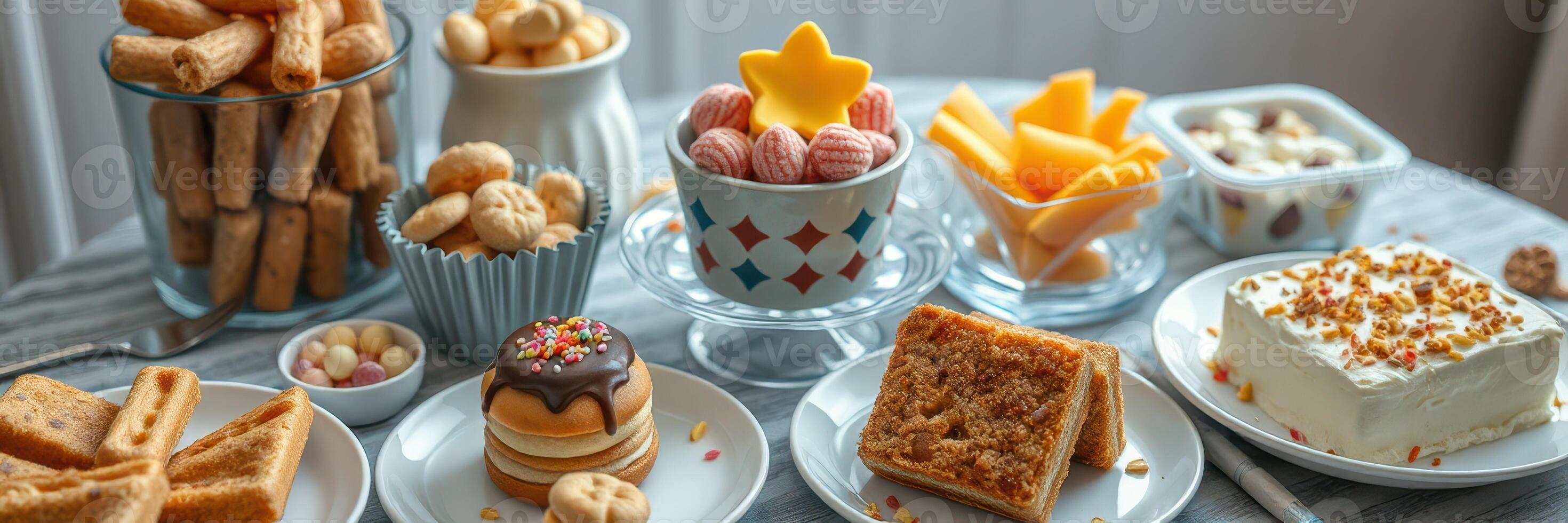 Delightful assortment of desserts and snacks on a table during a cozy gathering in a bright room photo