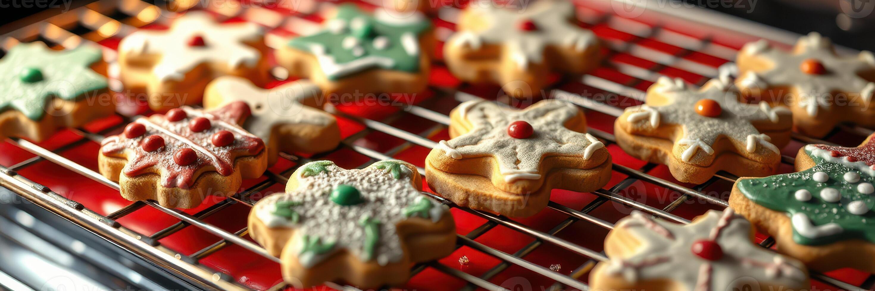 Holiday cookies cooling on a rack in a warm kitchen during the festive season photo