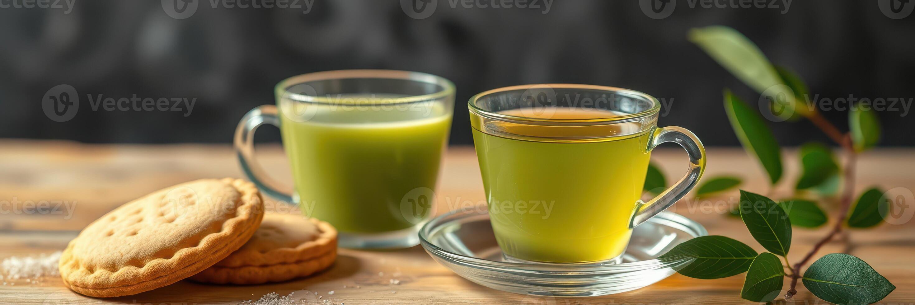 Green tea and herbal infusion served with biscuits on wooden table photo