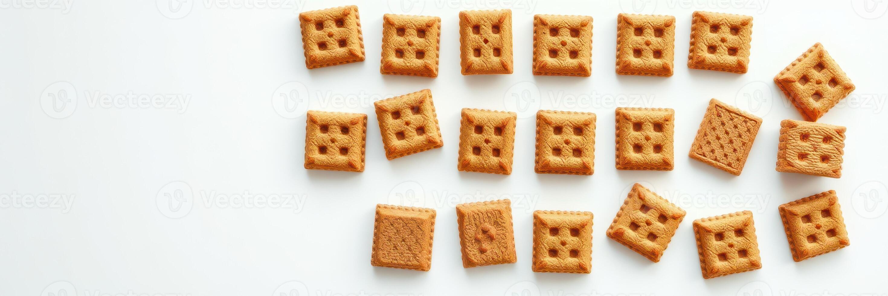 Delicious square cookies arranged on a white surface showcasing different textures and patterns in a casual setting photo