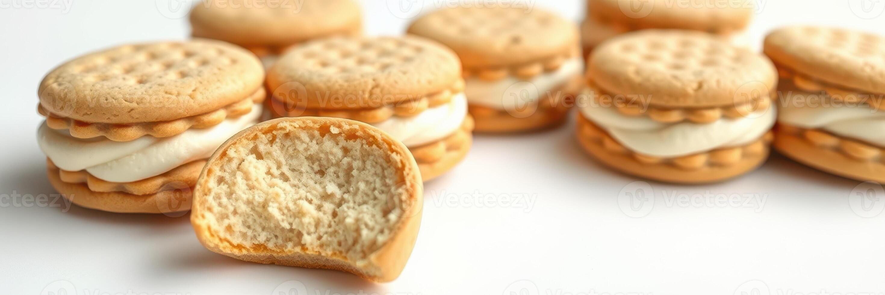 Delicious bite-sized sandwich cookies displayed on a clean surface with one cookie partially eaten photo