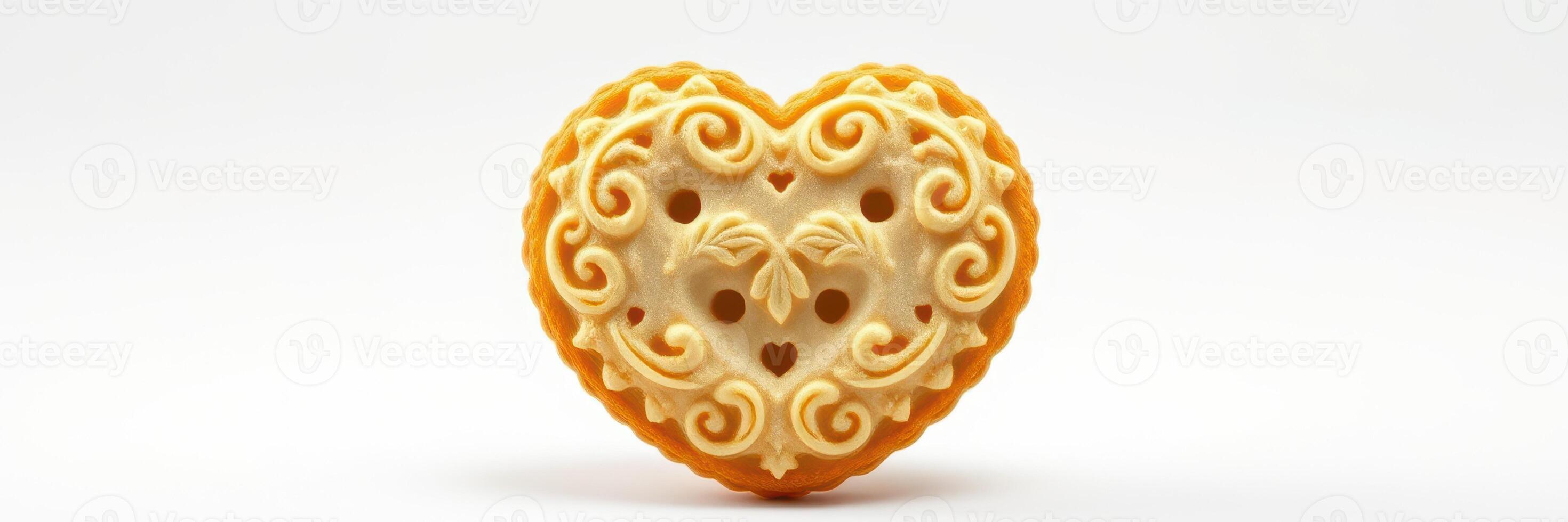 Intricate heart-shaped cookie decorated with ornate icing design on a plain background photo