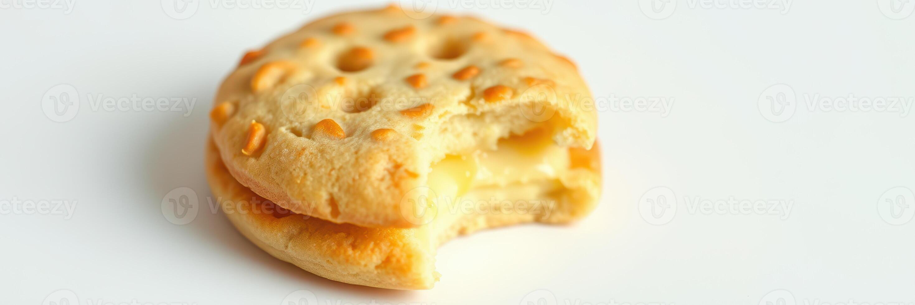 Delicious cookie with a bite taken out, showcasing a soft texture and golden color, perfect for a sweet snack photo