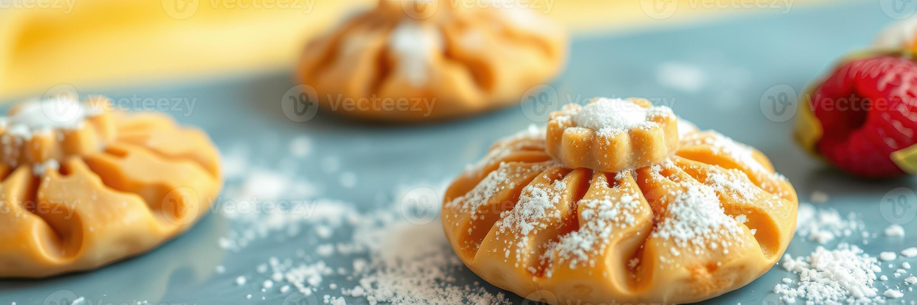 Sweet pastries with delicate patterns and powdered sugar on a blue plate are featured in a warm kitchen setting photo