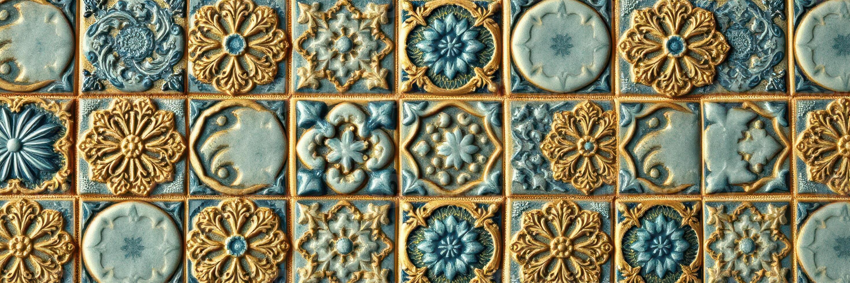 Decorative ceramic tiles with intricate floral patterns displayed in a sunny artisan studio photo