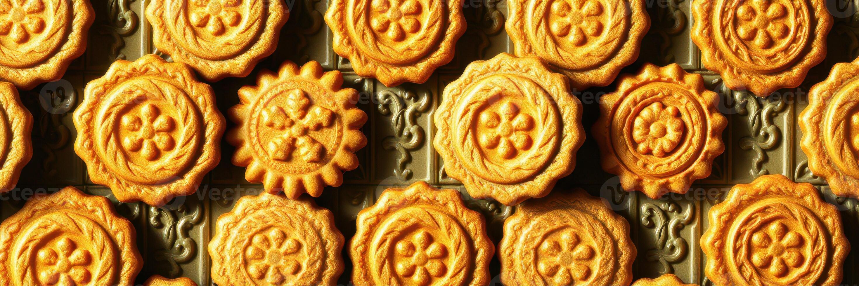 Traditional baked cookies arranged in an appealing pattern on a tray photo