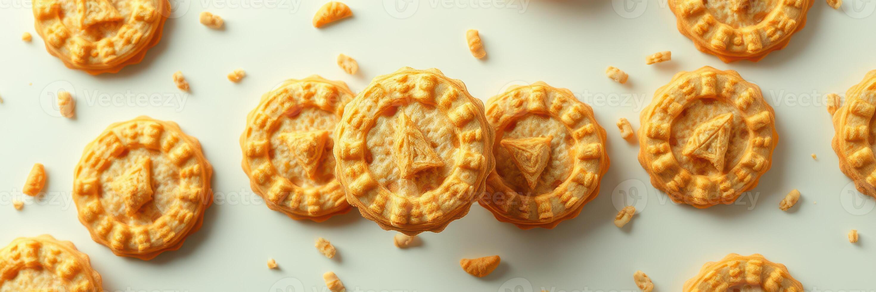 Baked orange cookies arranged creatively on a light surface with crumbs scattered around during daytime photo