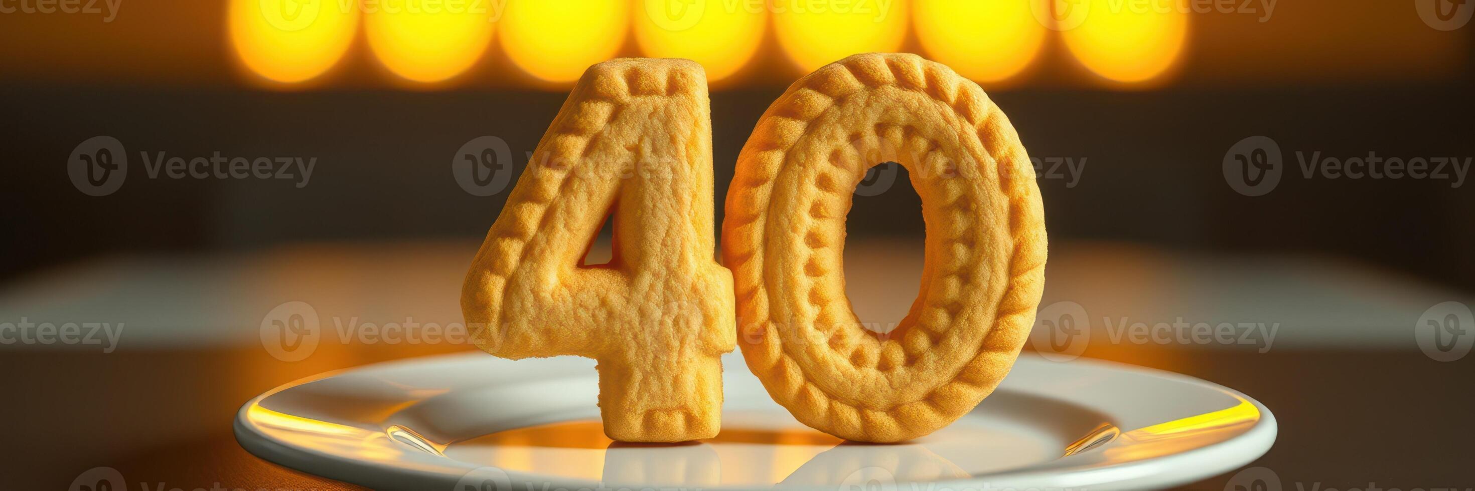 Celebration of a milestone with a decorative cookie displaying the number 40 on a plate in a warm setting photo