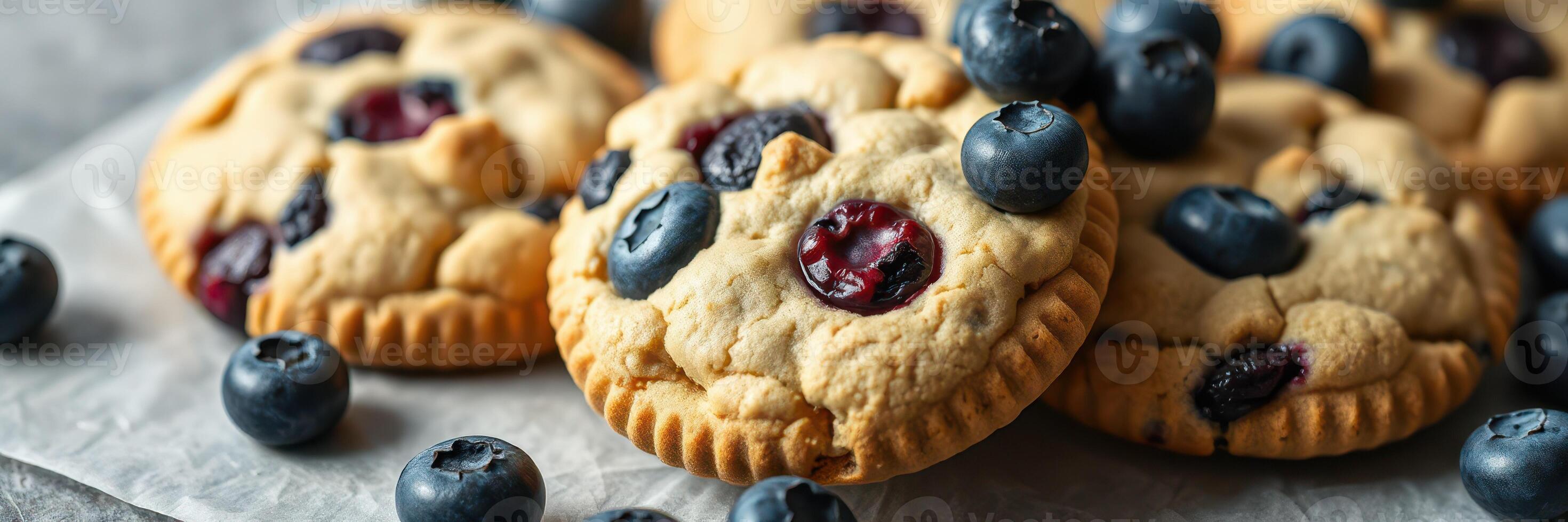 Freshly baked blueberry cookies with juicy fruit pieces on a rustic gray background photo