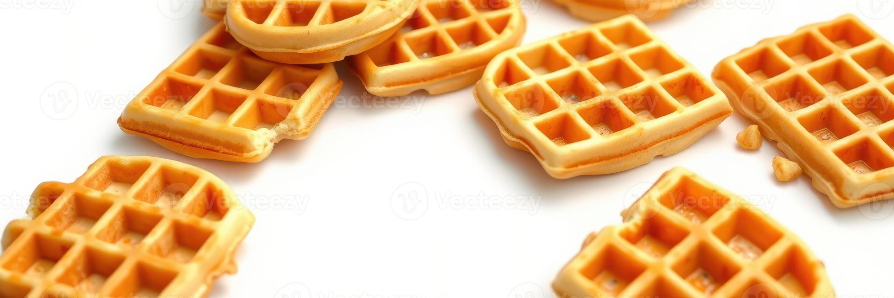 Delicious waffles scattered on a white surface showcasing their golden texture and unique shape photo