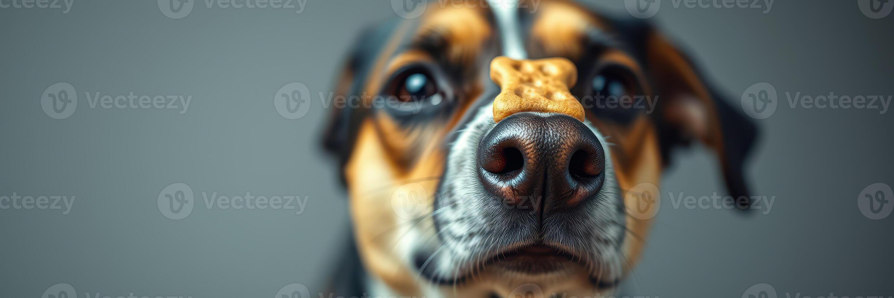 Dog patiently waiting with a treat balanced on its nose in a calm indoor setting photo