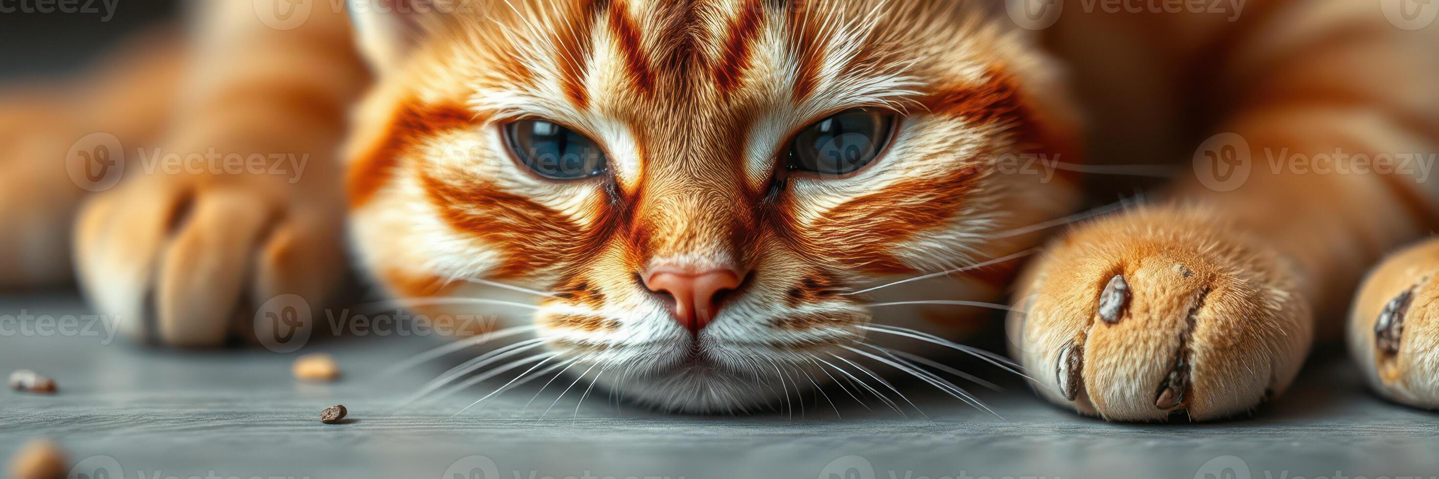 Orange tabby cat rests on a smooth surface, showcasing its distinctive fur pattern and whiskers during afternoon light photo