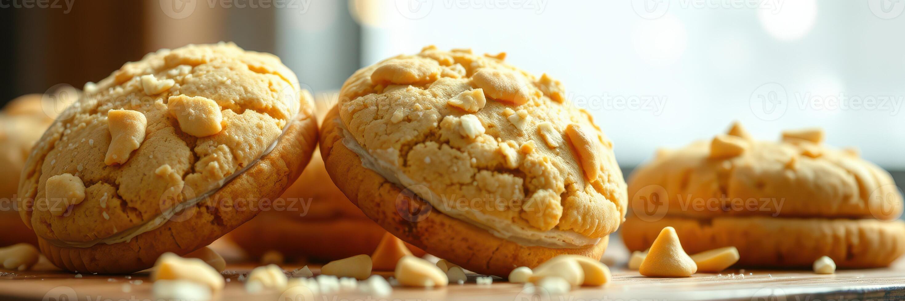 Freshly baked cookies with a crunchy topping on a wooden surface in a cozy kitchen setting photo