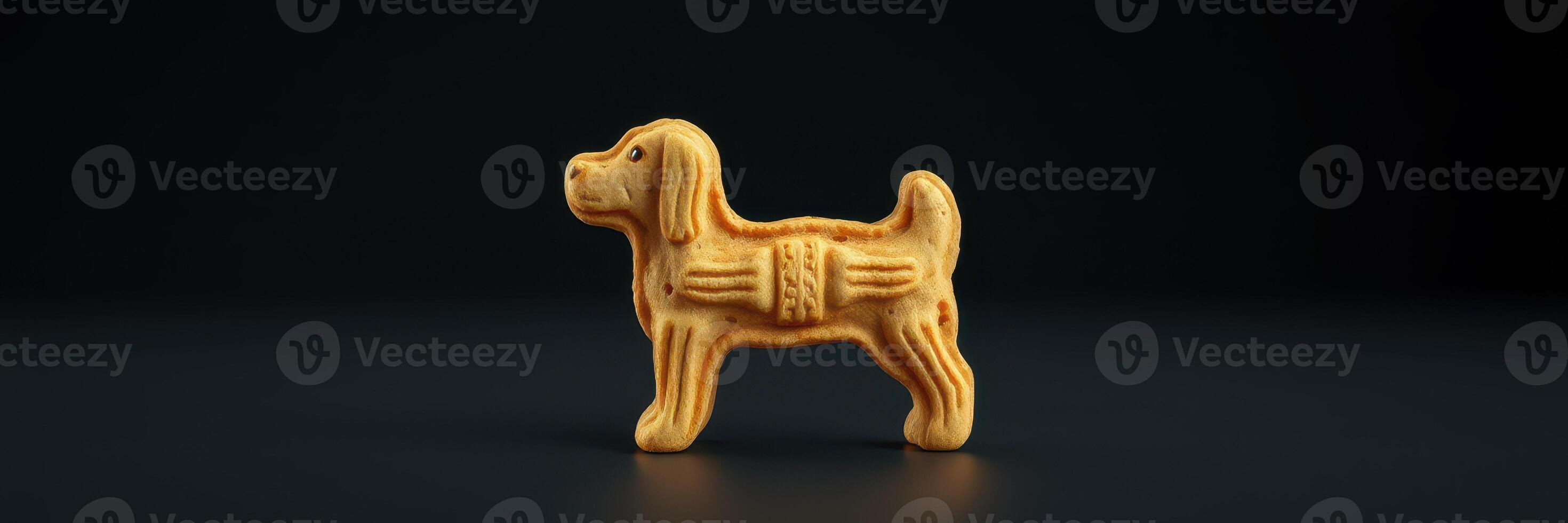 Dog-shaped biscuit stands on a dark surface highlighting its detailed design and golden-brown color photo