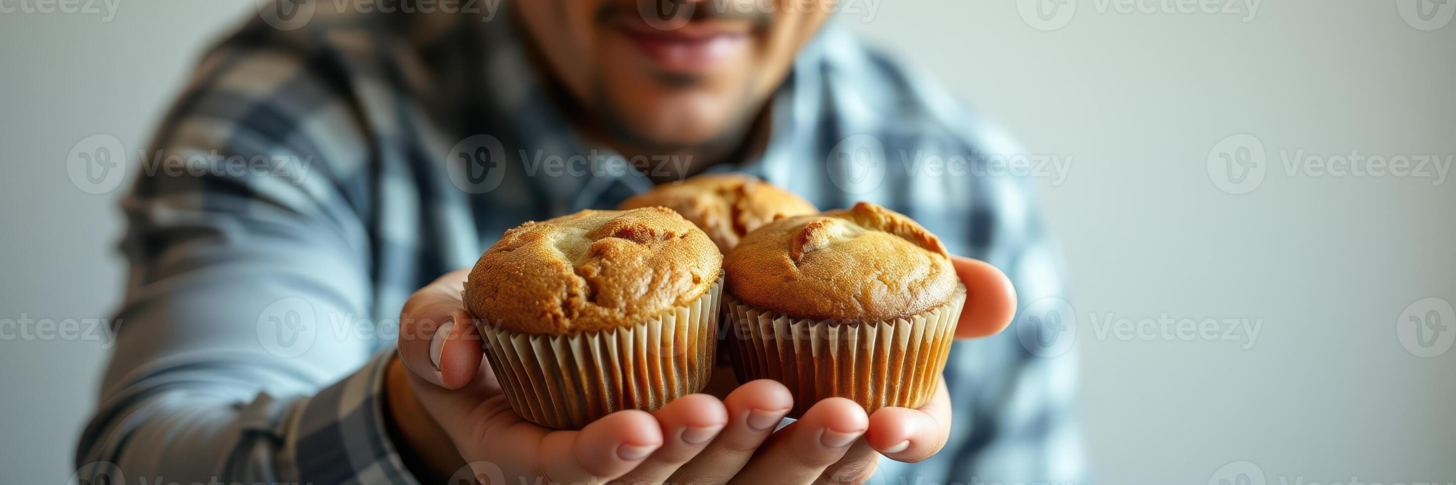 Man holds freshly baked muffins in front of a light gray background showcasing baking skills and culinary delight photo