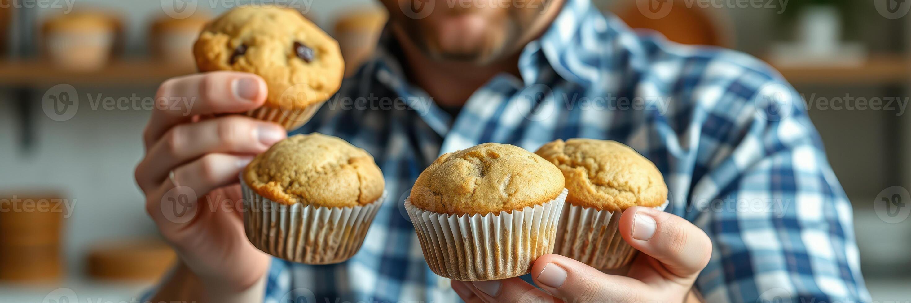 Freshly baked muffins held by a man in a checkered shirt in a cozy kitchen setting photo