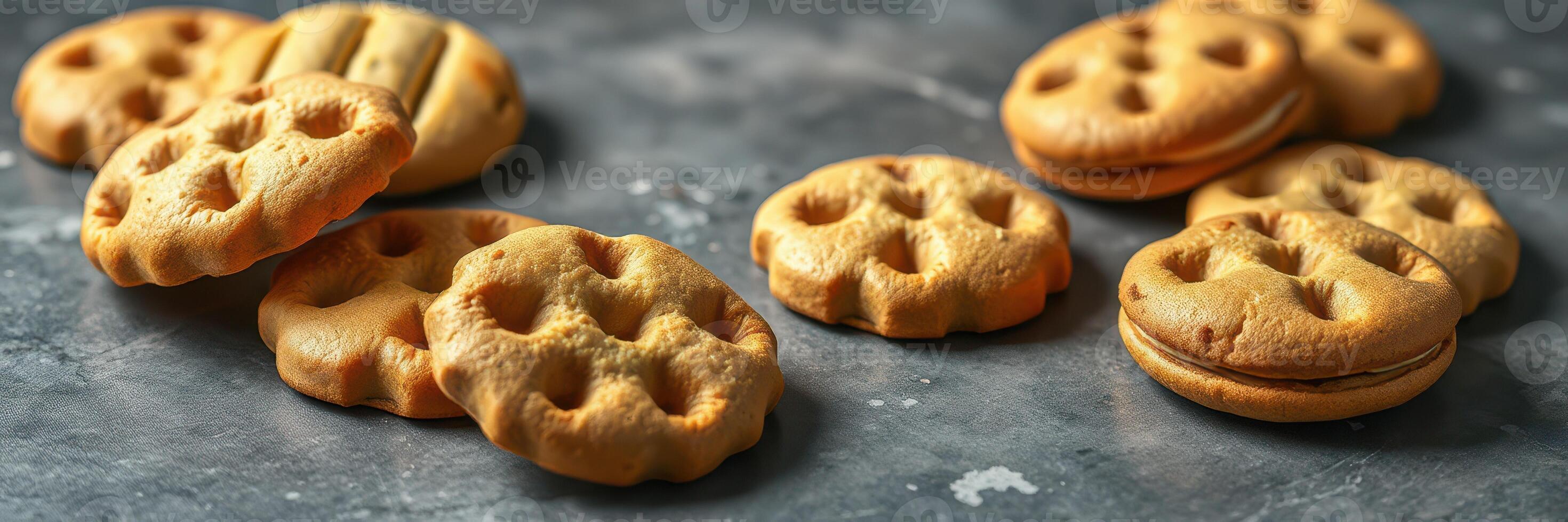 Delicious golden cookies arranged on a dark surface inviting a sweet treat experience photo