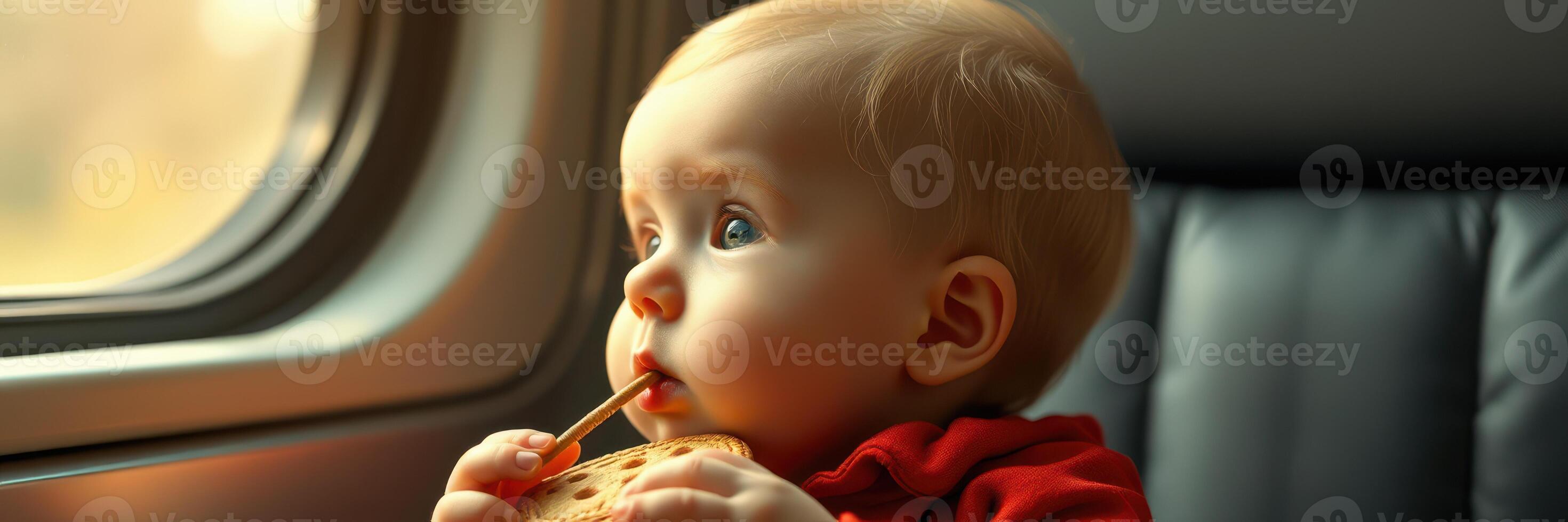 Curious baby enjoying snack while gazing out the window during train journey photo
