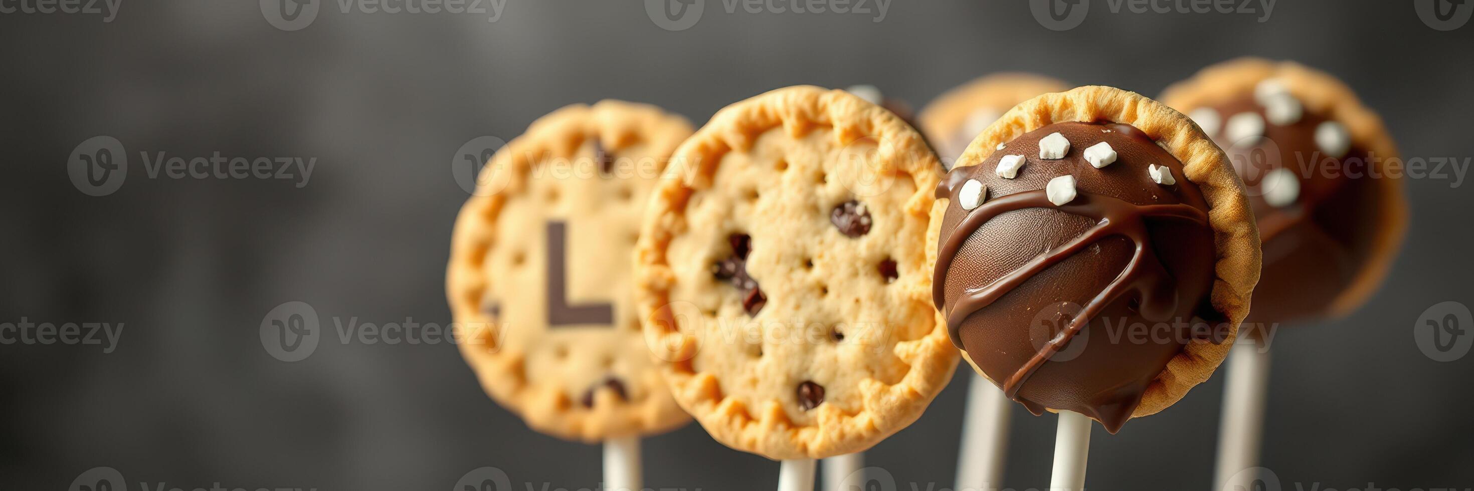 Delicious cookie pops arranged on sticks with decorative chocolate and letters at a festive event setting photo