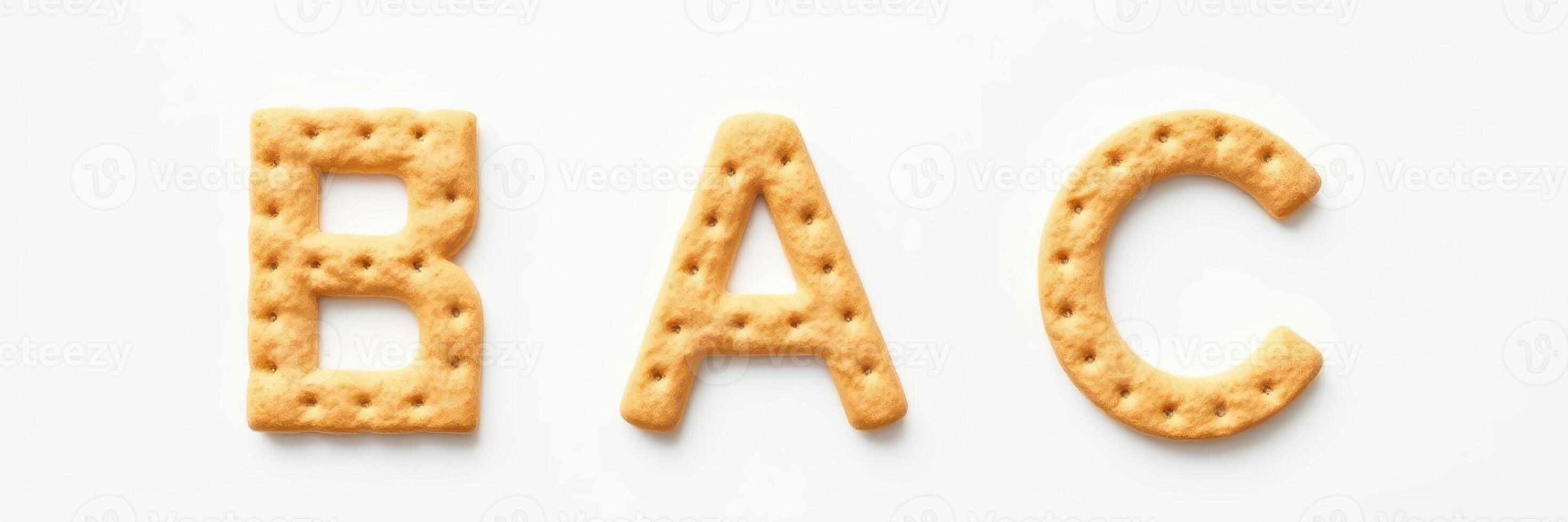 Snack letters spelling bac arranged on a plain background for creative culinary presentation photo