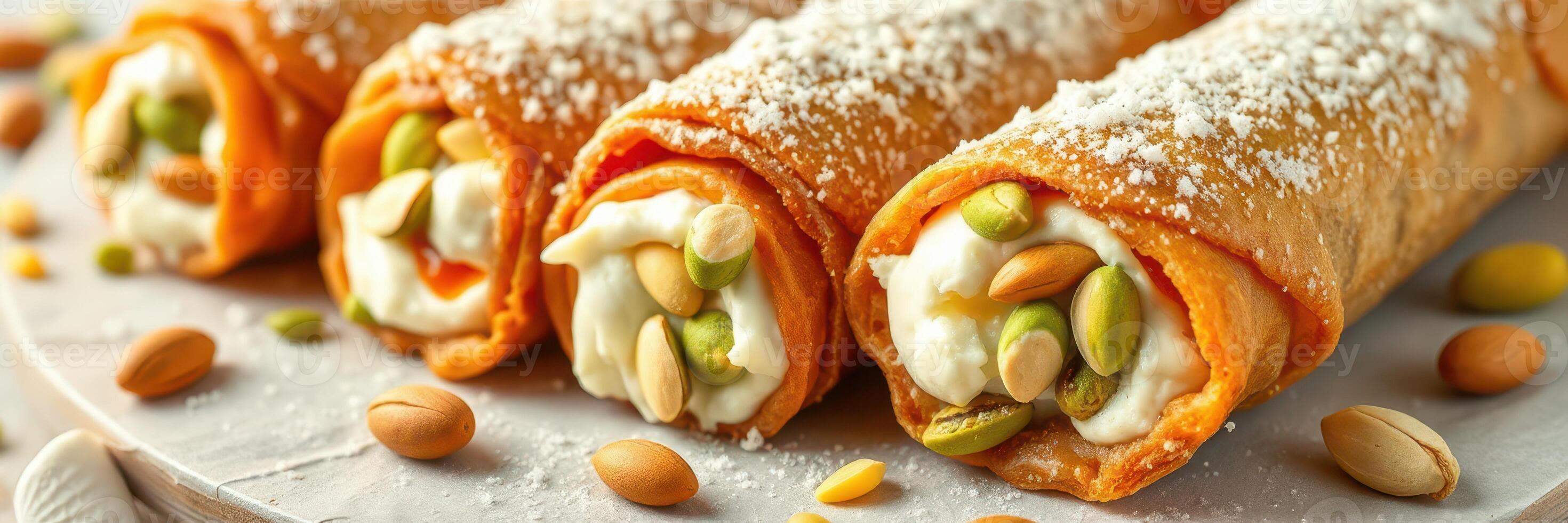 Delicious pistachio filled rolls on a white plate with powdered sugar sprinkled on top photo