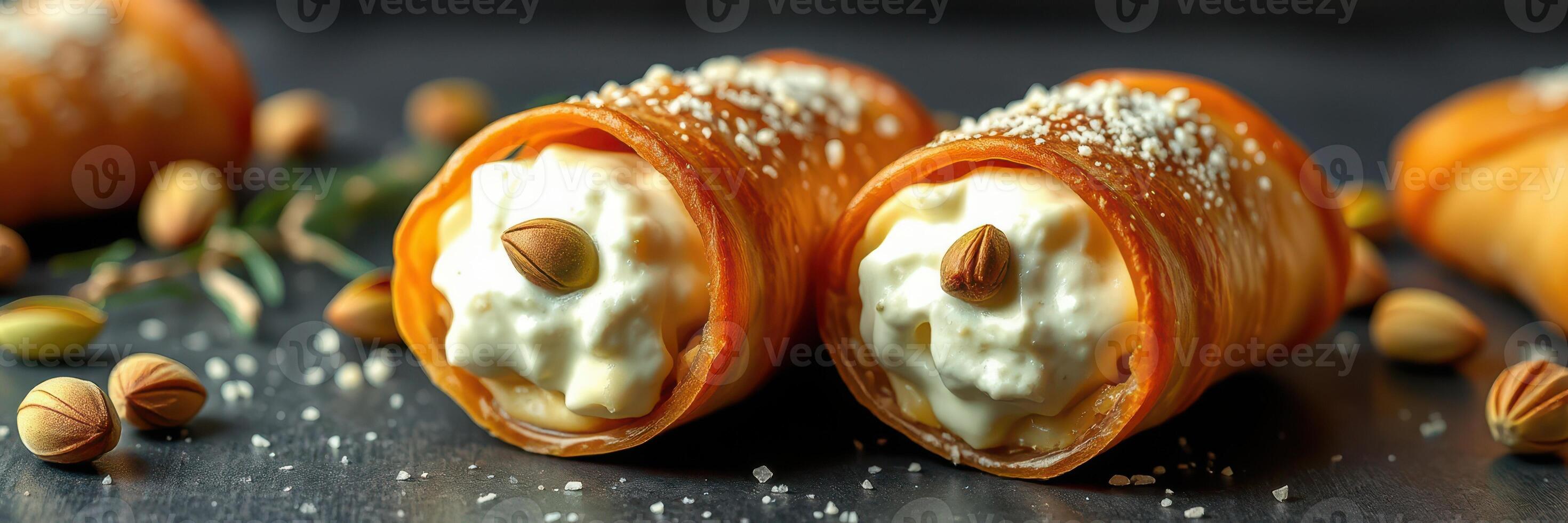 Delicious dessert featuring cream-filled pastry rolls topped with nuts served in a gourmet setting photo