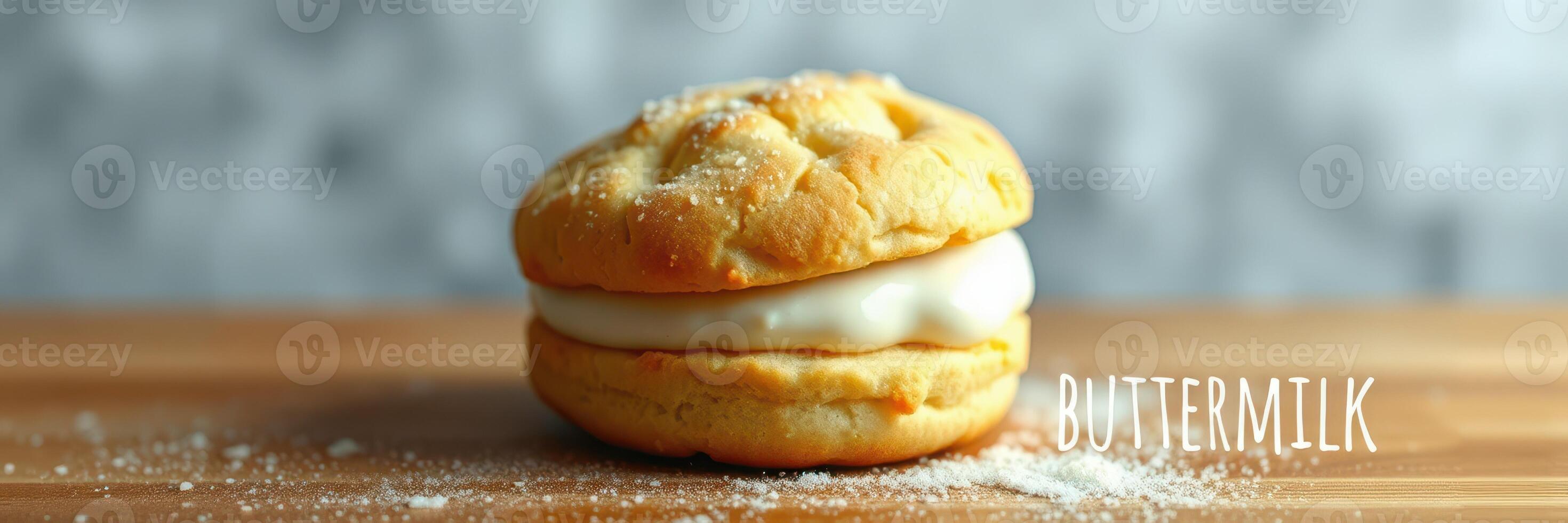 Buttermilk biscuit sandwich with creamy filling displayed on a wooden board in a cozy kitchen setting photo