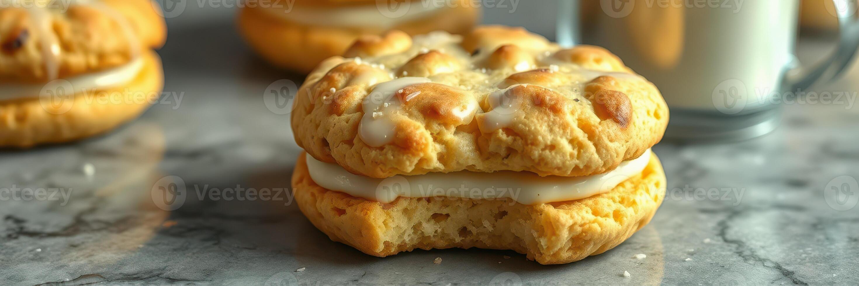 Delicious homemade cookies with creamy filling on a marble countertop at a cozy kitchen setting photo