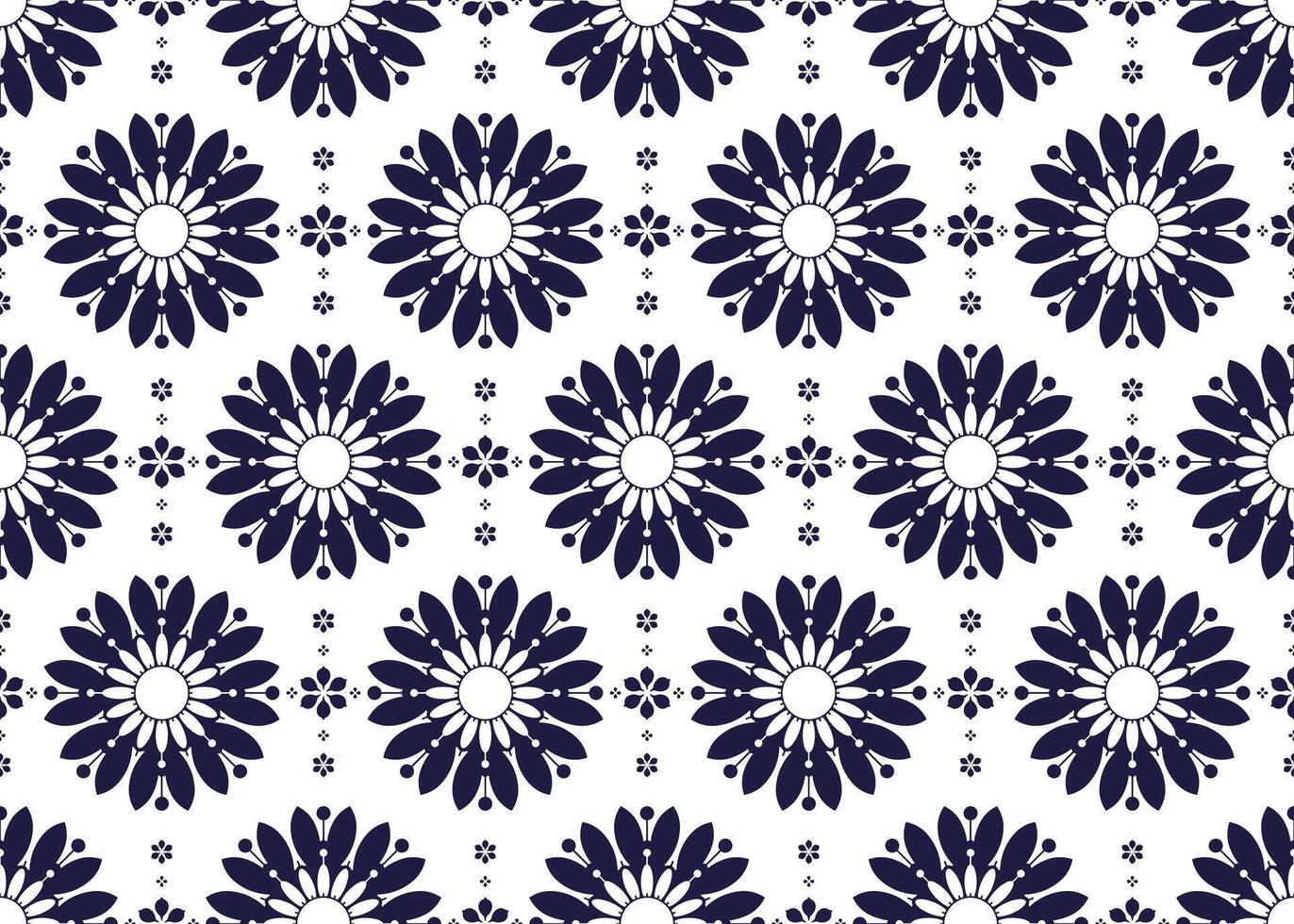 dark blue symbol floral on White background, ethnic fabric seamless pattern, design for cloth, carpet, batik, wallpaper, wrapping etc. vector