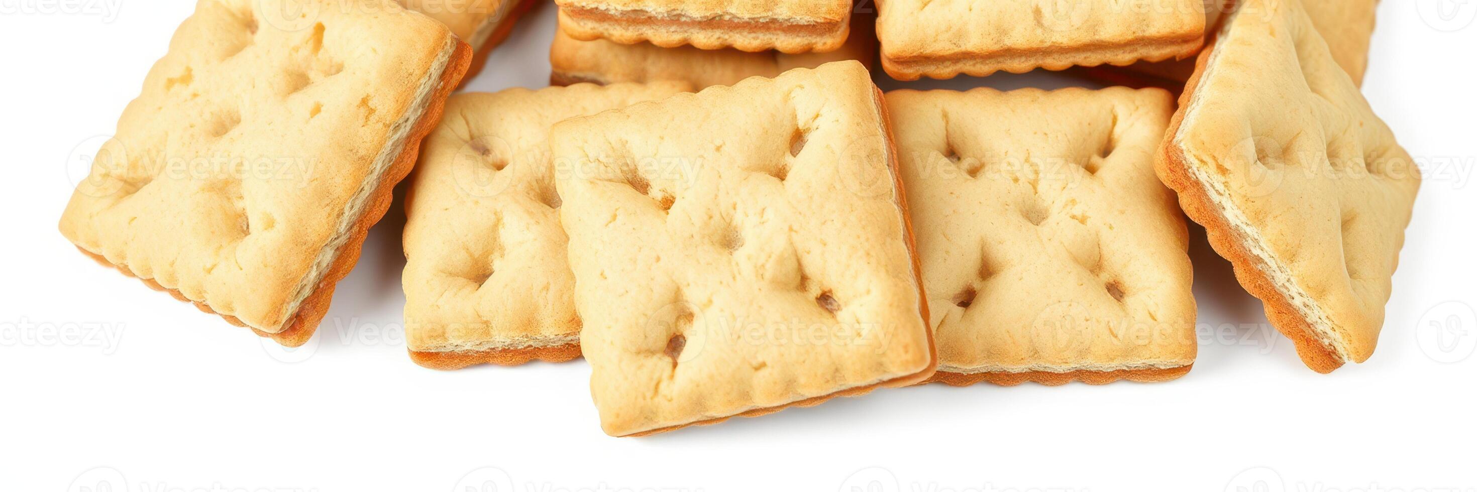 Crunchy light biscuits arranged on a white background ready for snacking or pairing with beverages photo