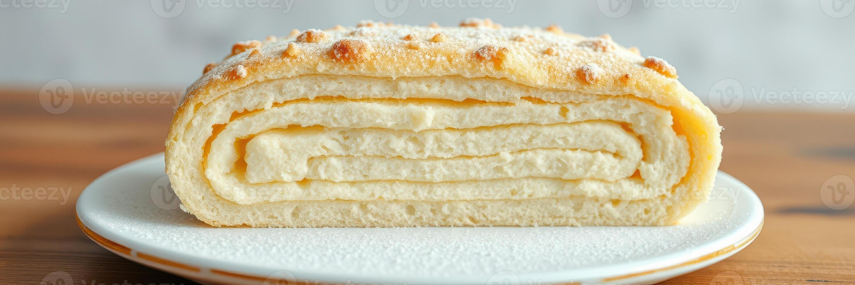 Soft cream roll dessert on a plate showcasing layers of fluffy texture and sweet filling during a bright kitchen setting photo