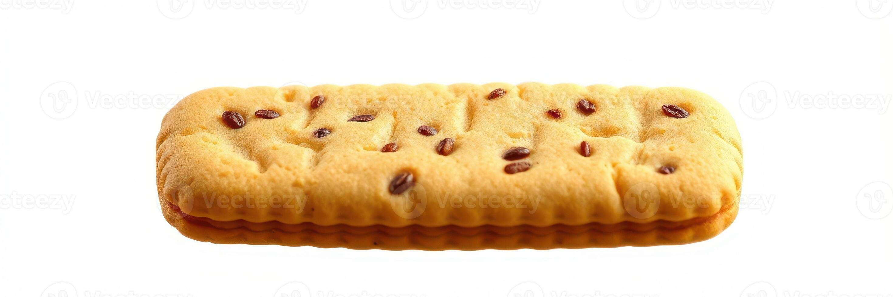 Sweet biscuit with chocolate chips on a white background showcasing its appetizing texture and design photo