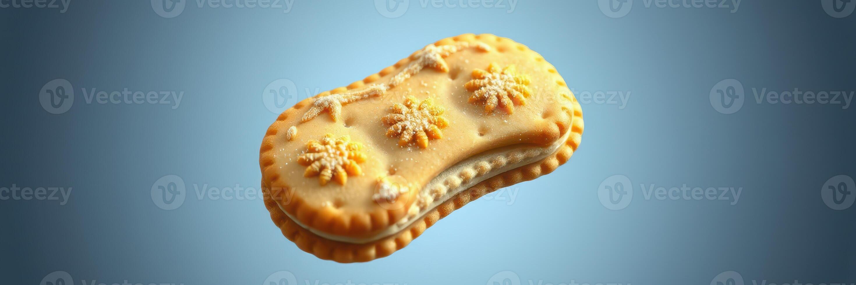 Unique biscuit with decorative floral pattern against a blue background creating an appealing visual for baking enthusiasts photo
