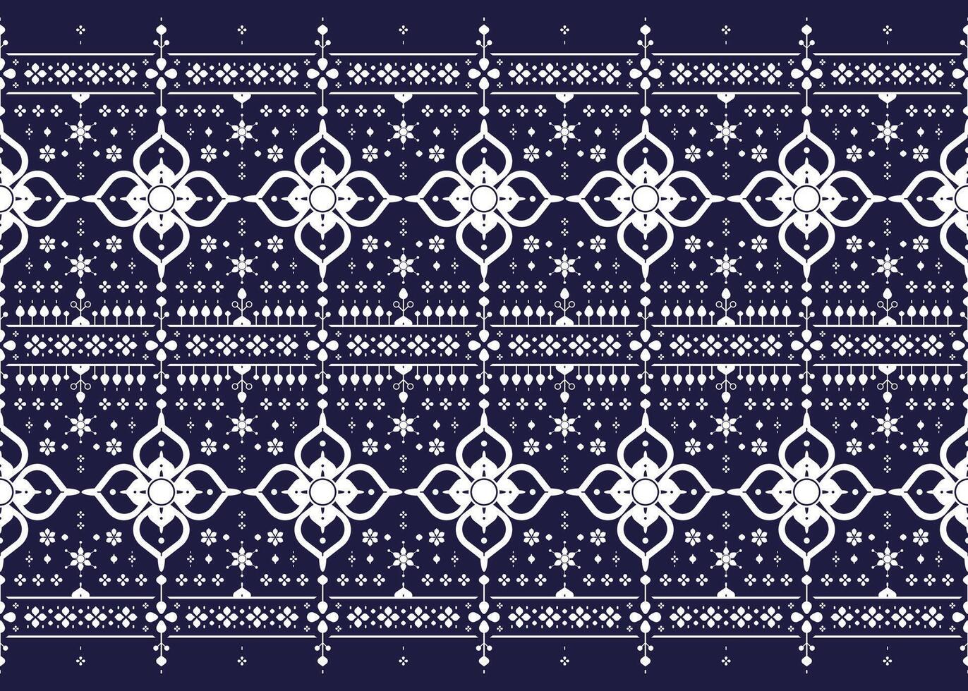 geometric and floral ethnic fabric seamless pattern, blue and white color, design for cloth, carpet, batik, wallpaper, wrapping etc. vector