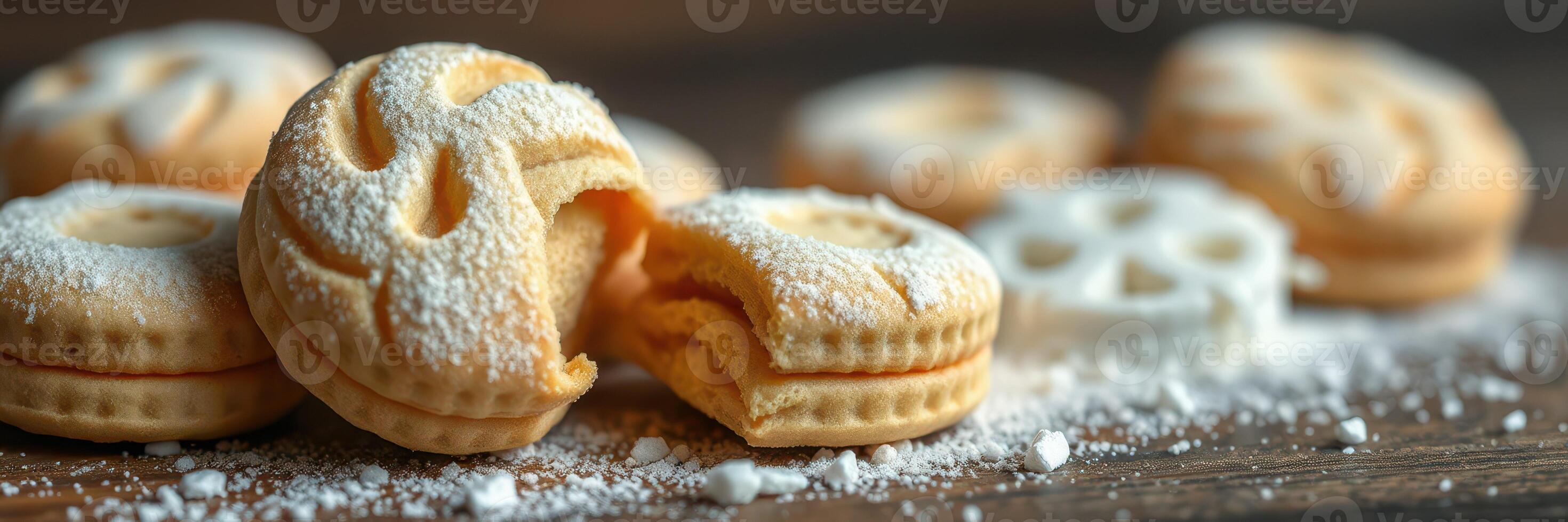 Delicious cookie assortment with powdered sugar and a couple of bites taken out on a wooden surface photo
