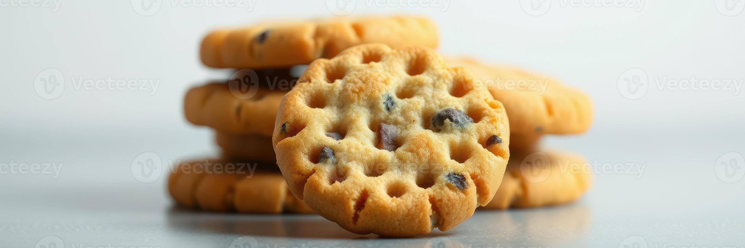 Freshly baked cookies arranged neatly on a clean surface, invitingly golden brown with chocolate chips photo